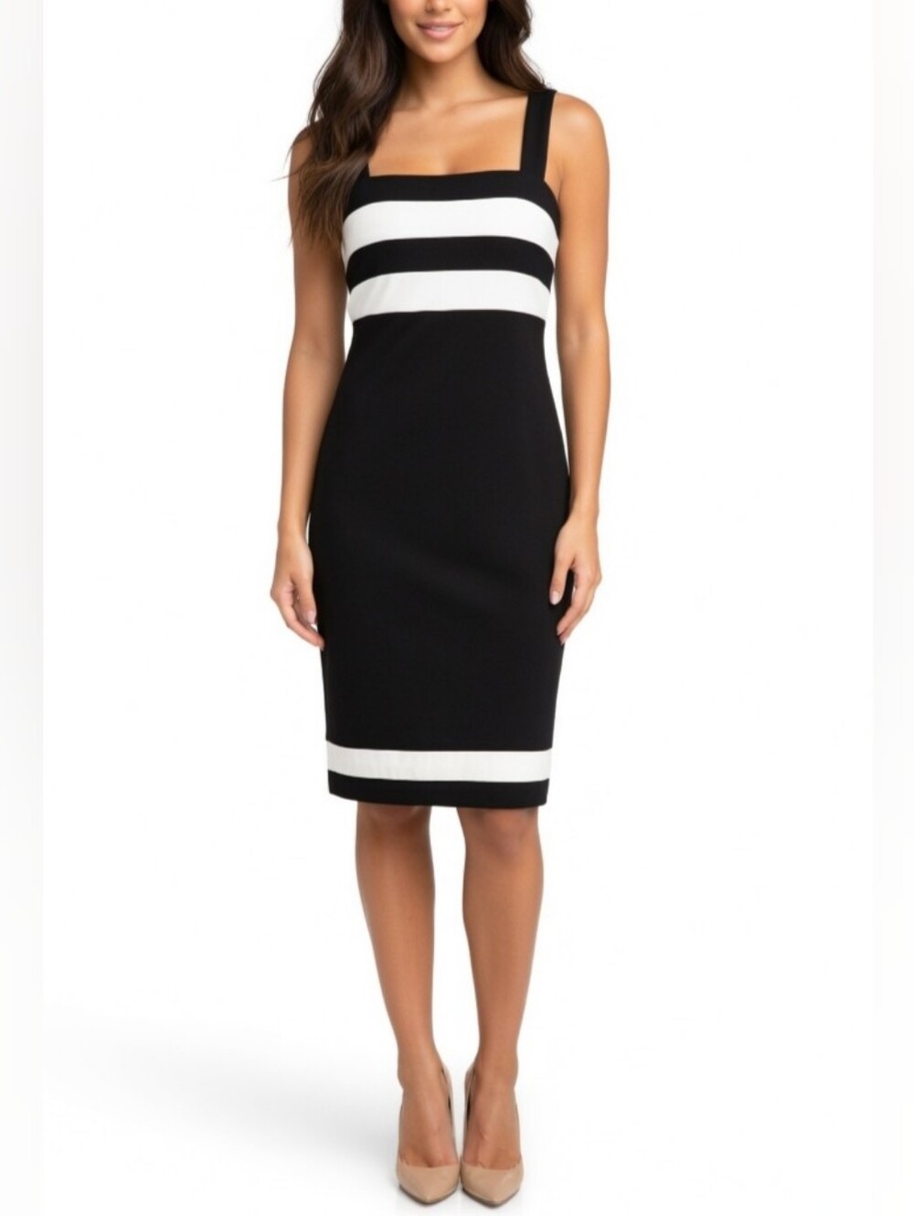 Frank Lyman Black and White Striped Sleeveless Sheath Dress Size 8